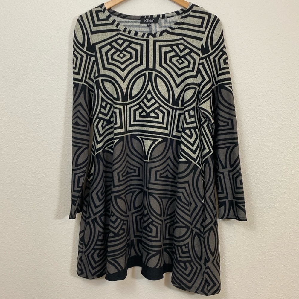 Papillon A-line Flowy Knit Sweater dress w/ allover Boho Tribal pattern size XL